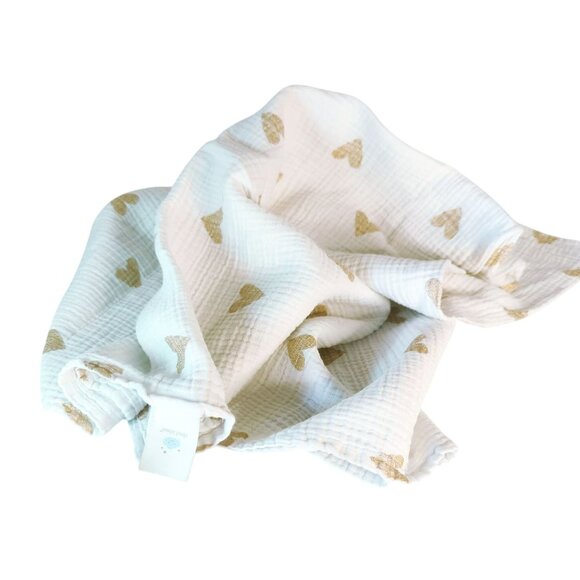 Cloud Island Baby Blanket Gold Hearts White Cotton Muslin Swaddle Lovey 42"x47" - Picture 1 of 3